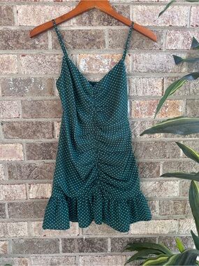 Super cute flirty fem Urban Outfitters Forest Green Polka Dot Ruffle Slip Dress
